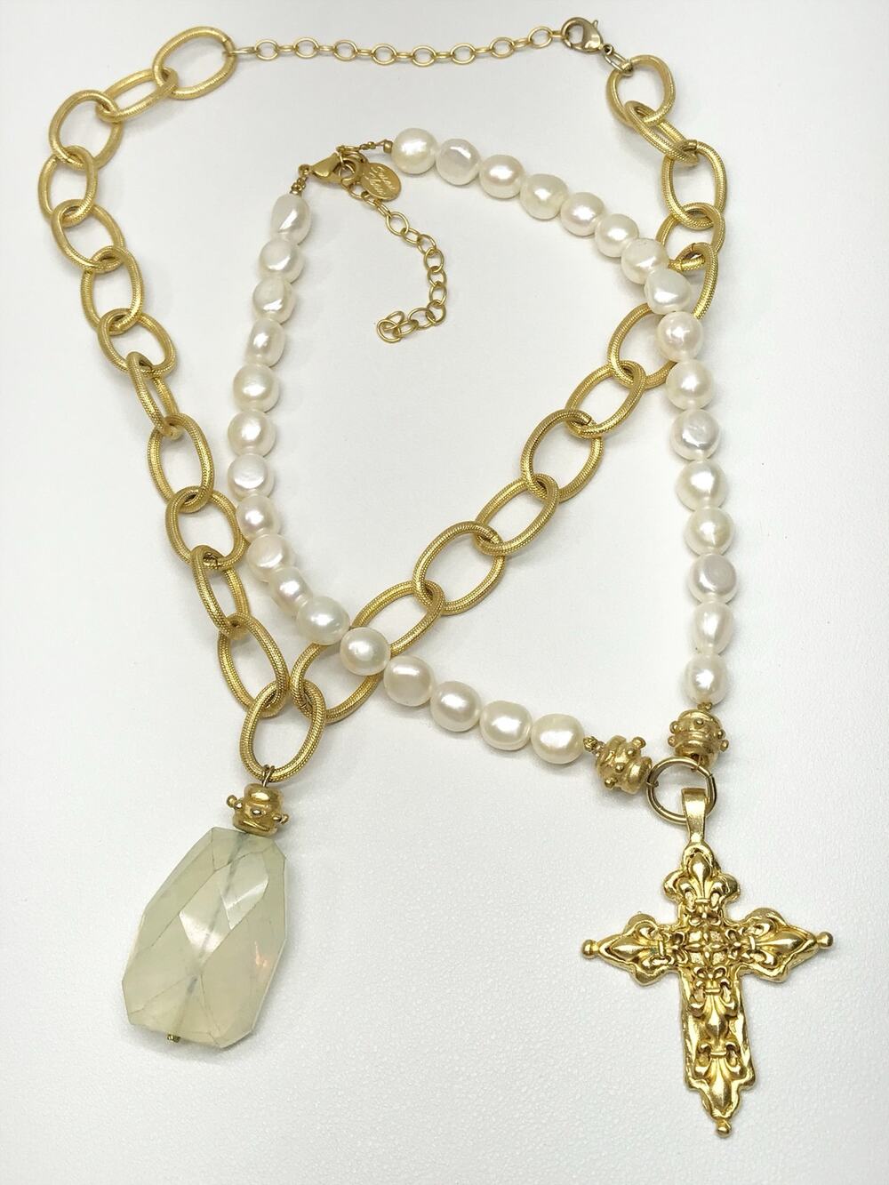 Susan Shaw Elizabeth Quartz Chain Gold Cross Baroque Pearl Necklace Lot Set